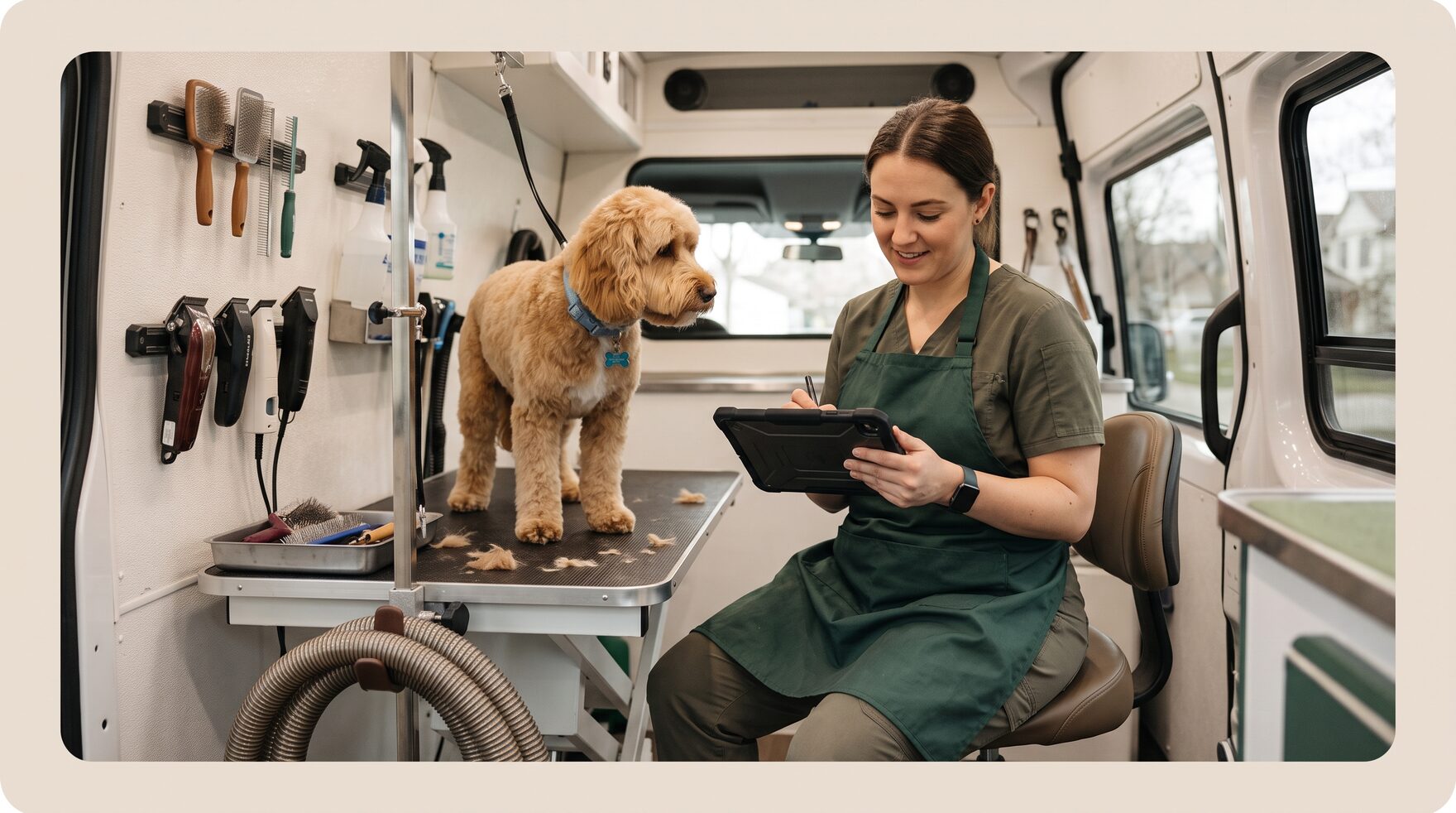 A mobile groomer sits in her van beside a freshly groomed goldendoodle, logging the dog's notes on a tablet.